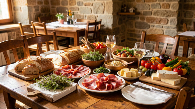 Table rustique présentant un assortiment de plats corses, de pain artisanal, de charcuteries, de fromages fermiers et de légumes de saison dans une salle chaleureuse.