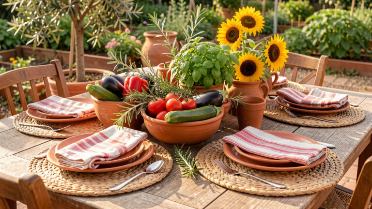 Table estivale décorée dans des tons méditerranéens, avec vaisselle en terre cuite, linge rayé, légumes colorés, herbes aromatiques et branches d’olivier.