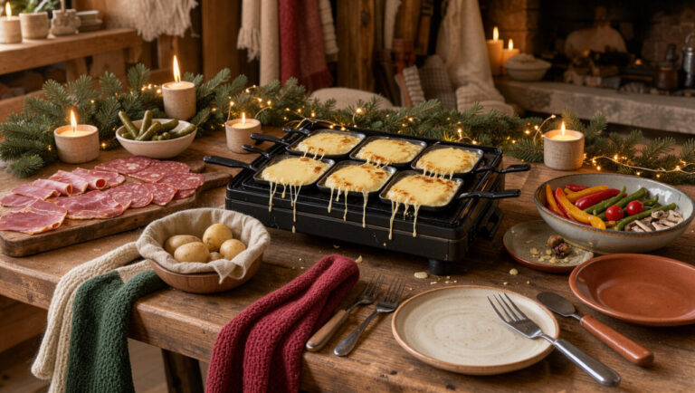 Table d’hiver décorée avec une raclette, des pommes de terre, des légumes, de la charcuterie, des bougies et des branches de pin dans une ambiance chaleureuse.