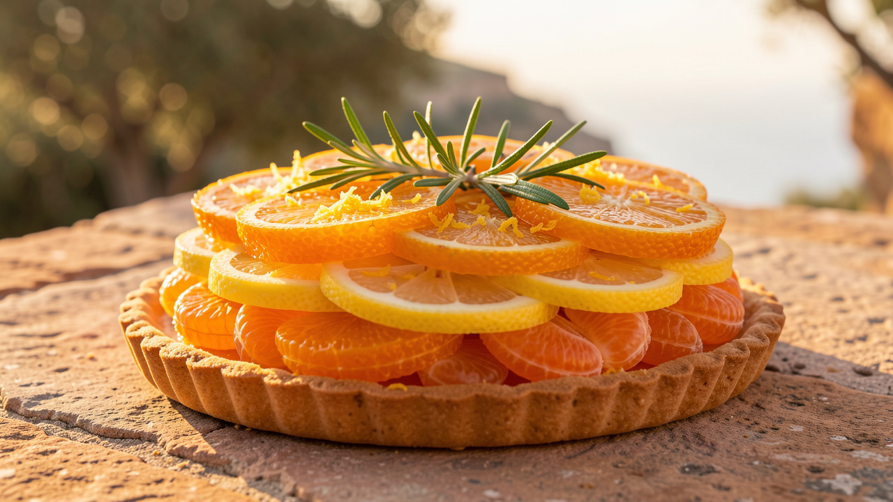 Tarte tatin rustique aux agrumes corses caramélisés, composée d’oranges, de citrons et de clémentines, présentée sur une table en pierre baignée de lumière dorée.