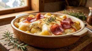 Tartiflette montagnarde revisitée à la corse, préparée avec des pommes de terre dorées, du brocciu fondant et de la charcuterie insulaire.