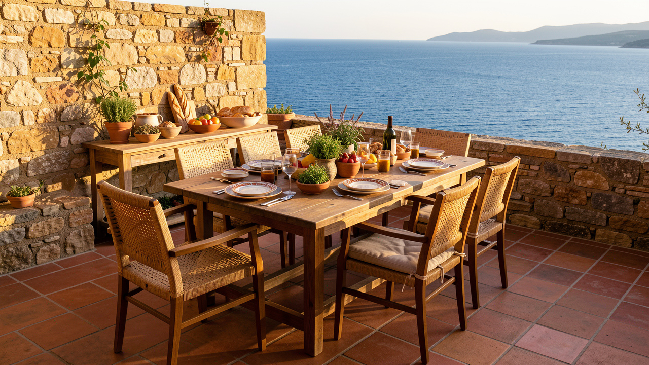 Terrasse méditerranéenne inspirée de la Corse, aménagée avec du mobilier en bois, des chaises tressées et une table garnie de produits locaux face à la mer.