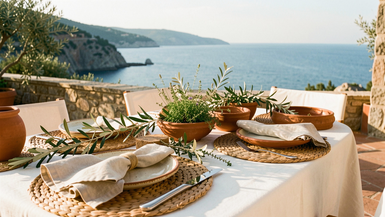 Table élégamment dressée sur une terrasse de restaurant en bord de mer, avec vaisselle artisanale, linge de table, branches d’olivier et détails inspirés de la Corse.
