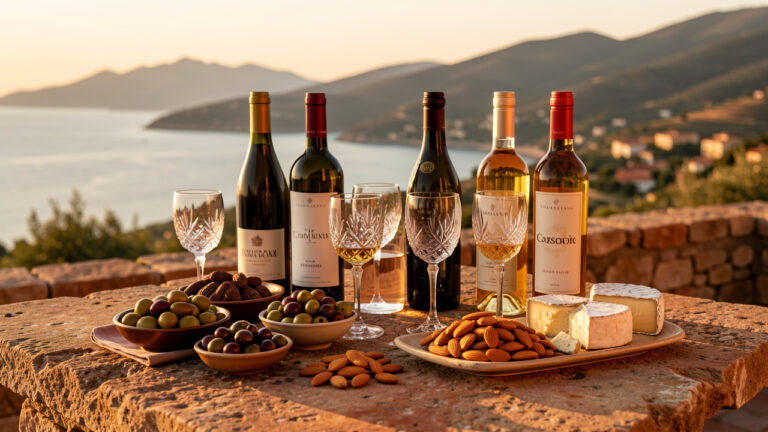 Table d’apéritif raffinée avec vins corses, verres, olives, amandes et fromages face aux paysages méditerranéens de Balagne.