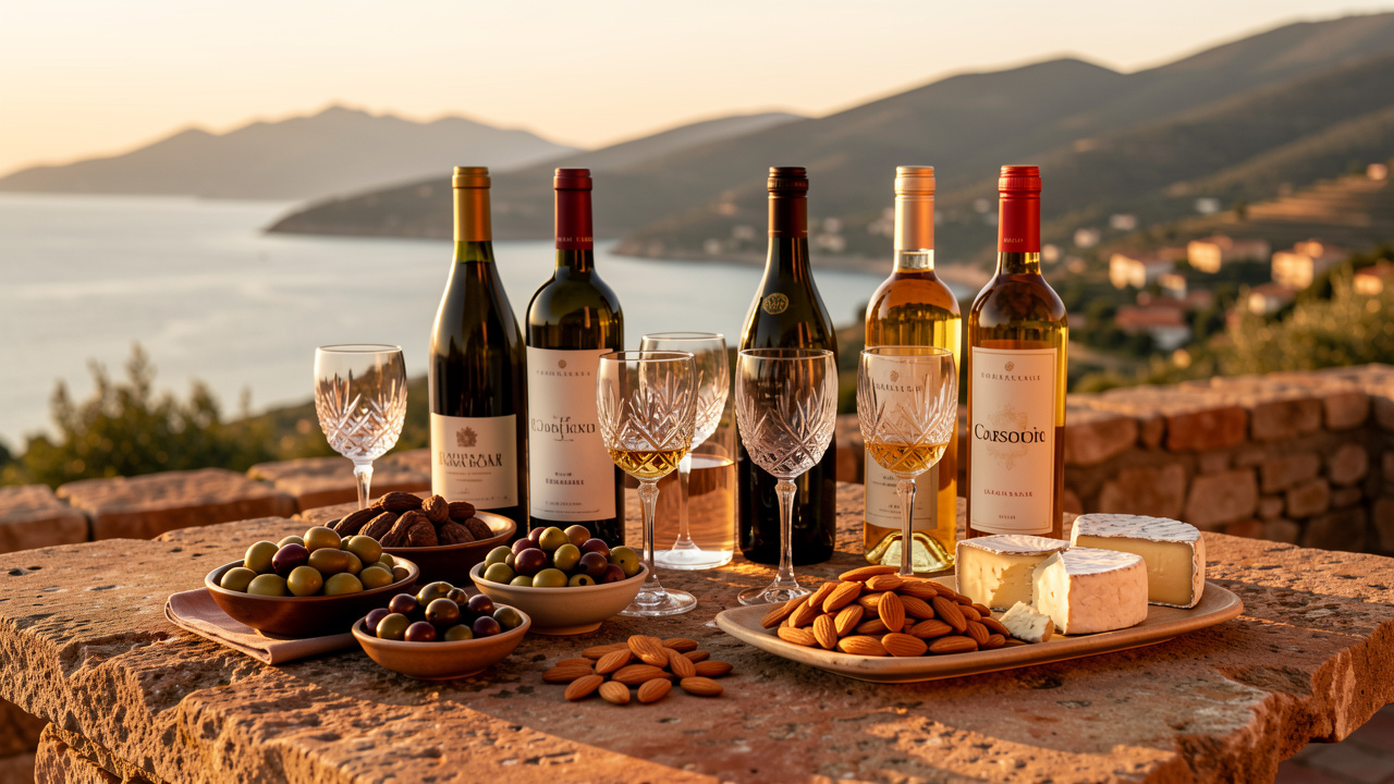 Table d’apéritif raffinée avec vins corses, verres, olives, amandes et fromages face aux paysages méditerranéens de Balagne.