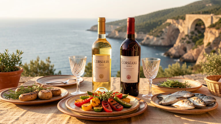 Deux bouteilles de vin corse, l’une blanche et l’autre rouge, accompagnées de verres et d’un repas méditerranéen sur une terrasse ensoleillée face à la mer.
