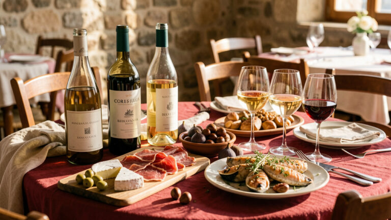 Table rustique présentant des vins corses et des spécialités locales comme le fromage, la charcuterie, les olives, les figues et les fruits de mer.